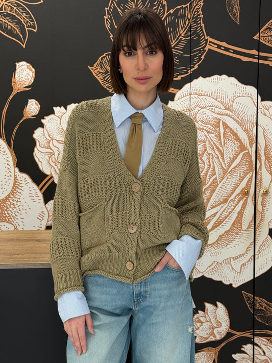 Cardigan in cotone a maglia lavorata e bottoni naturali cachi - HAVEONE