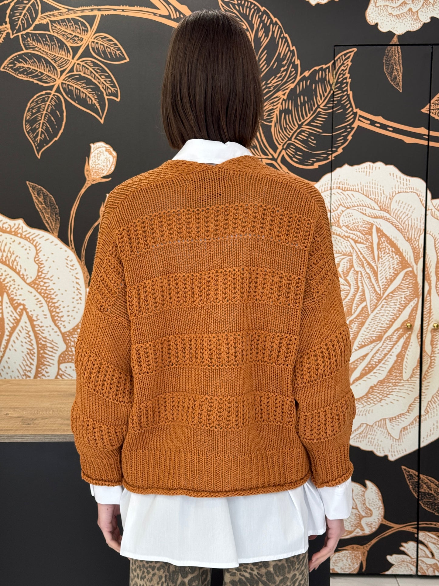 Cardigan in cotone a maglia lavorata e bottoni naturali tabacco - HAVEONE