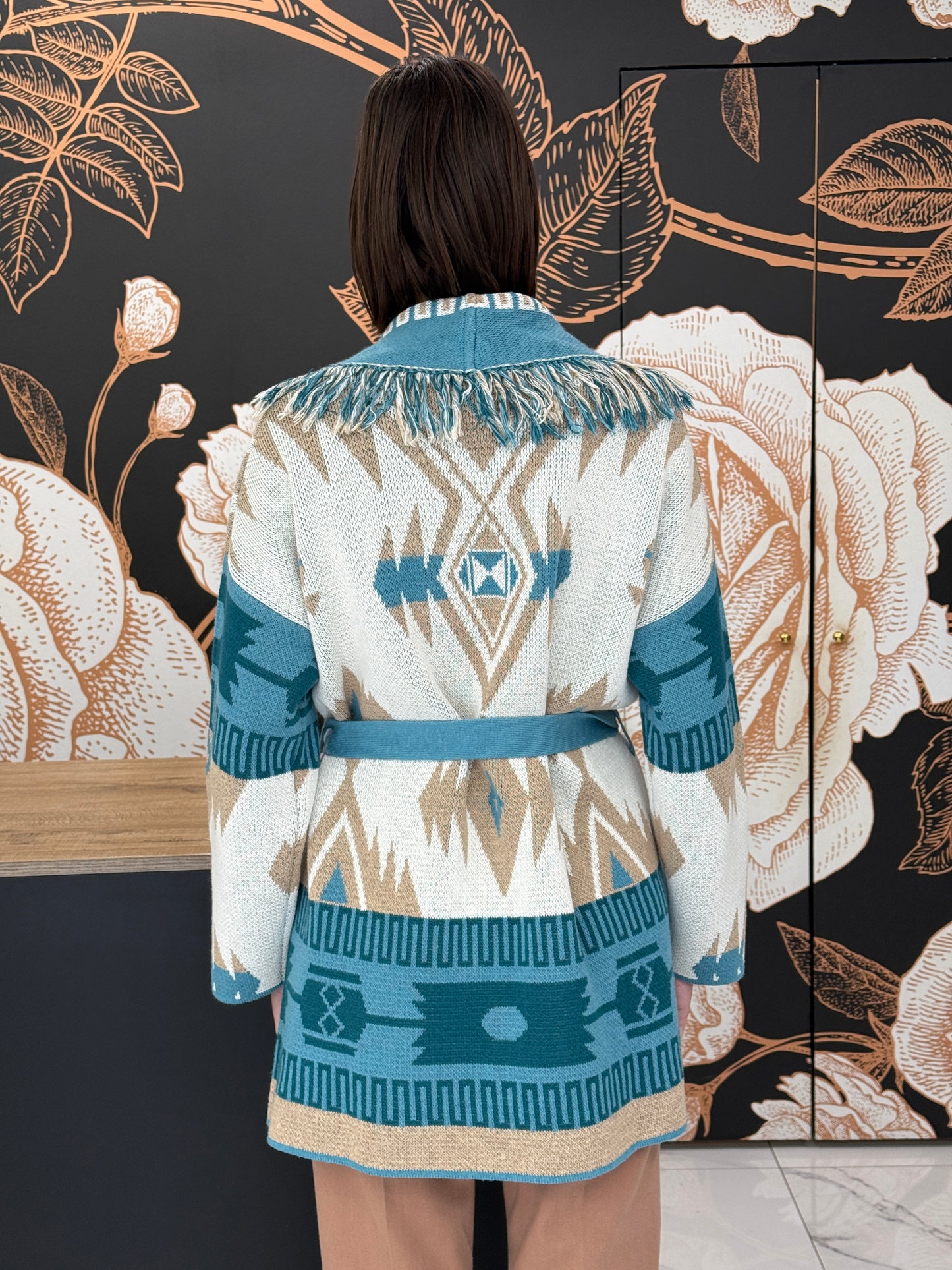 Cardigan jacquard frange petrolio - Vicolo