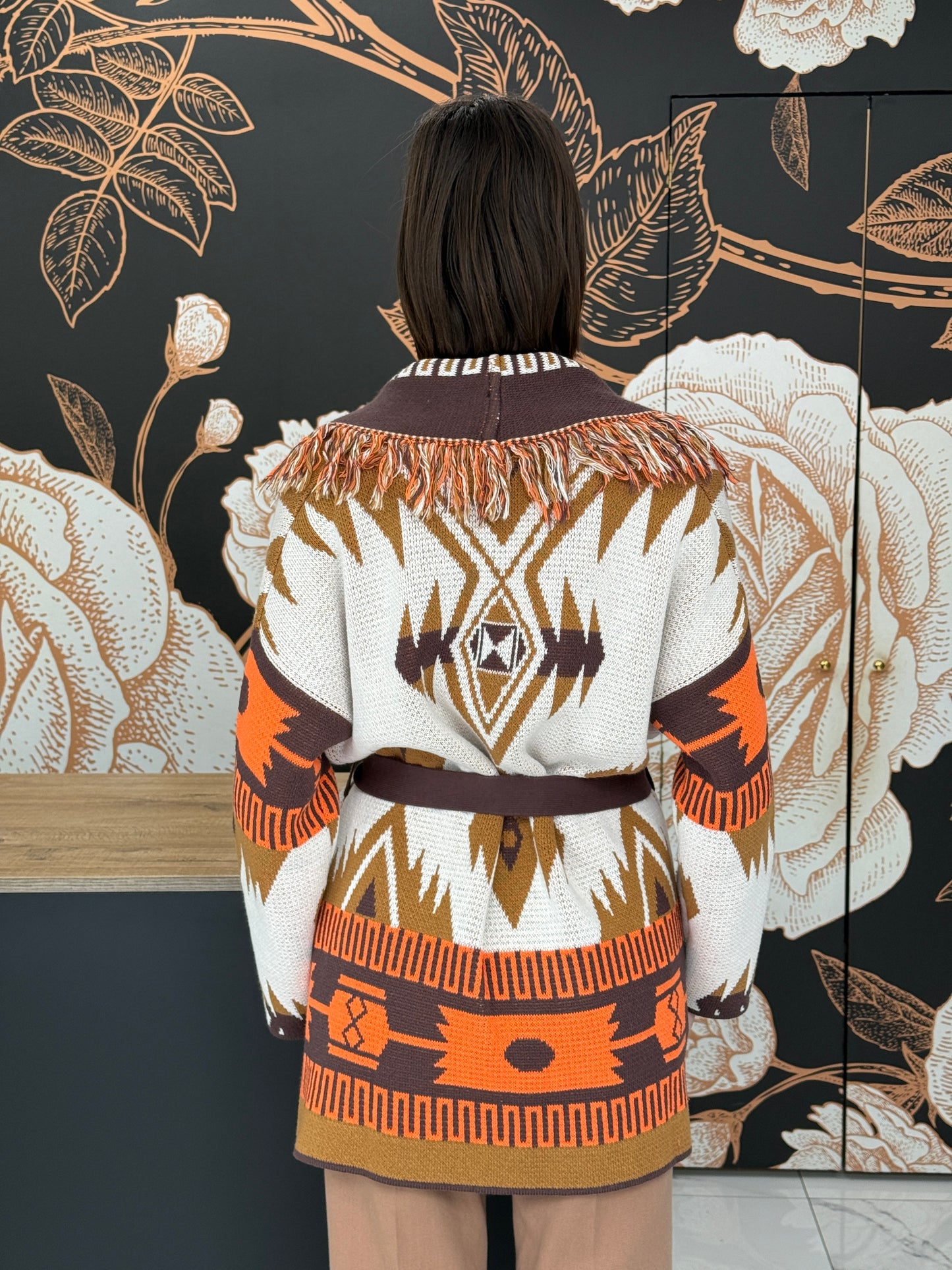 Cardigan jacquard frange marrone - Vicolo