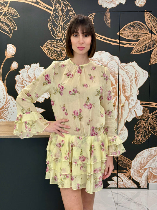 Abito corto floreale giallo pastello - Lumina