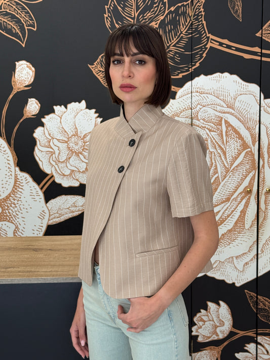 Giacca crop mezza manica rigata beige - HAVEONE