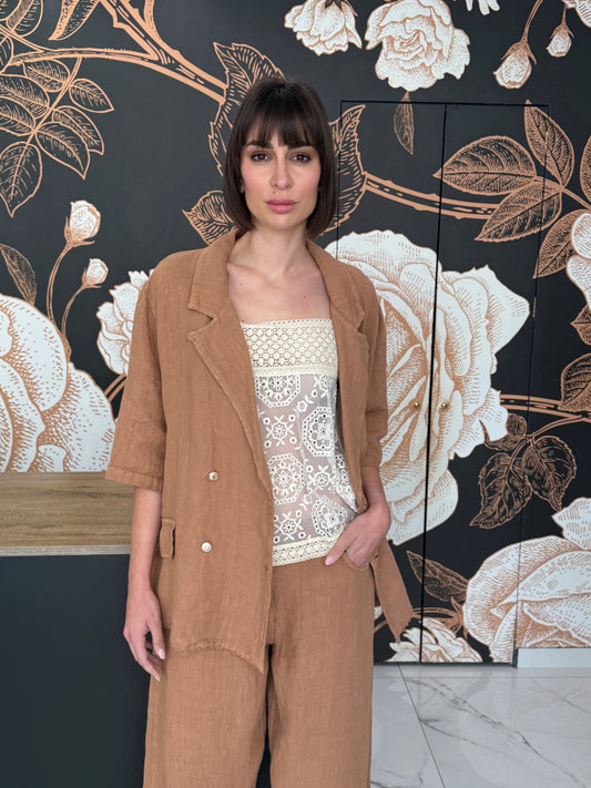 Giacca doppiopetto over in lino cammello - HaveOne