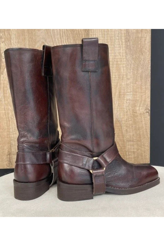 Stivale biker in pelle vintage con fibbia colore testa di moro