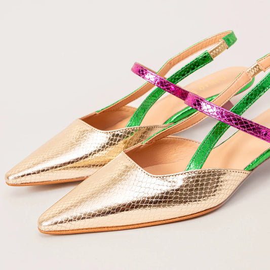 Slingback platino verde fuxia