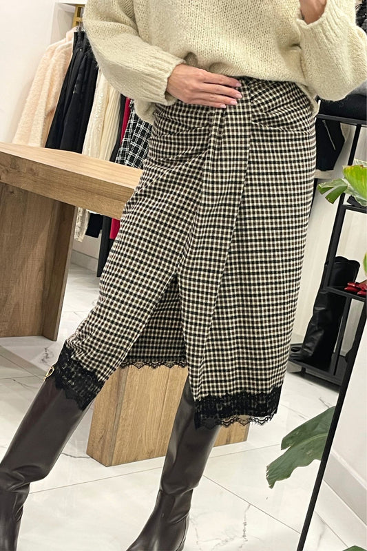 Gonna longuette fantasia quadretti con pizzo sul fondo - Haveone