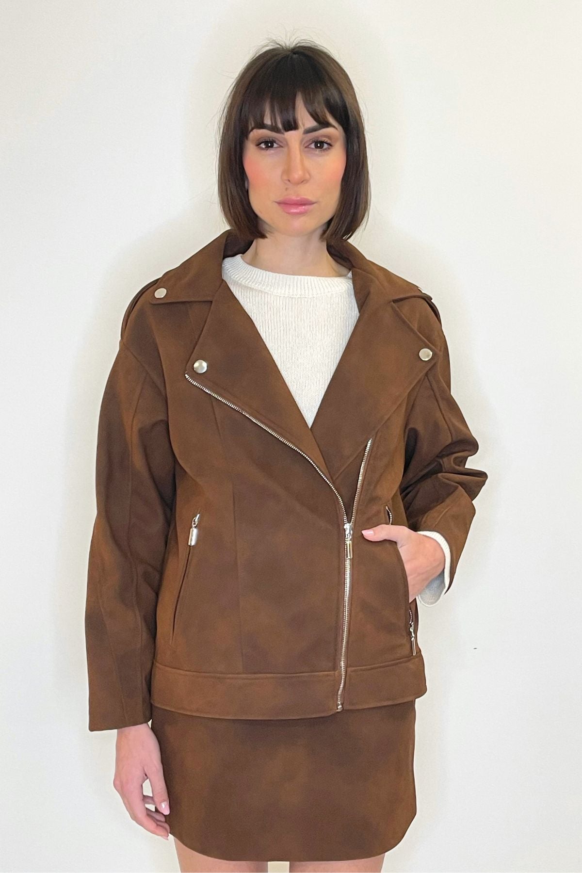 Biker in crosta colore cioccolato con chiusura zip - Haveone