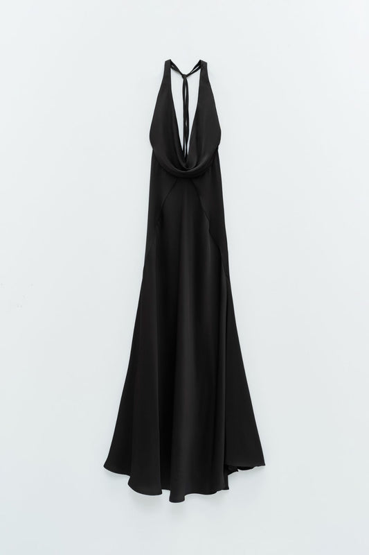 Abito lungo nero satinato con scollatura sul retro - Eleh