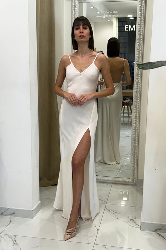 Abito lungo bianco, satinato con scollo a V -Eleh