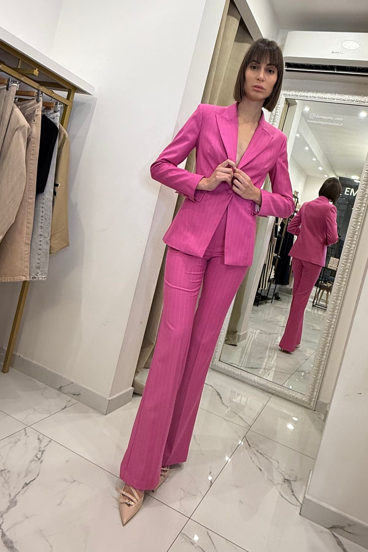 Pantalone vita alta gessato fuxia - Silence Limited