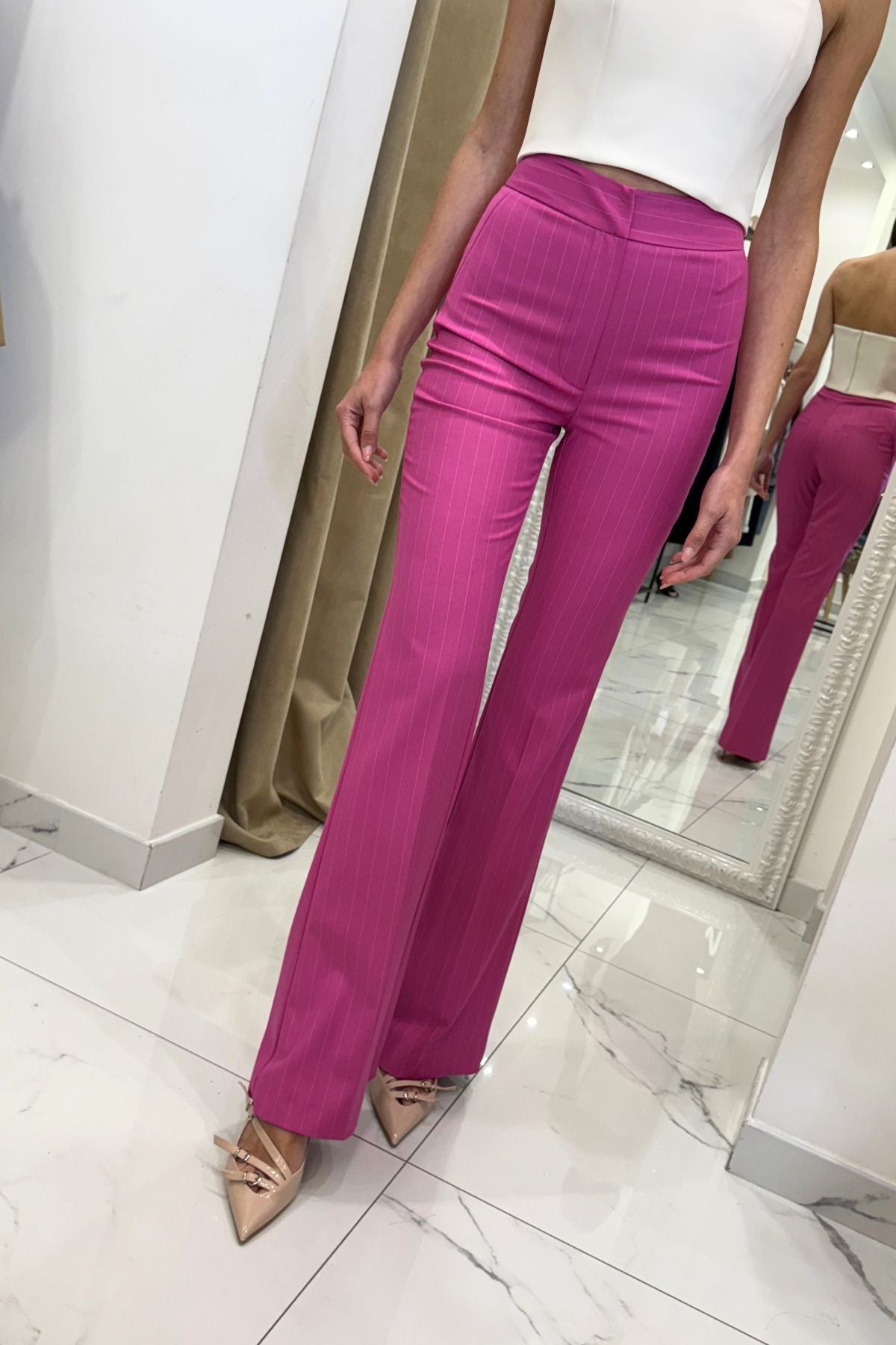 Pantalone vita alta gessato fuxia - Silence Limited