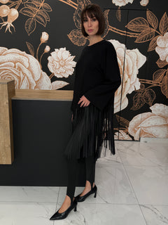 T-shirt con frange applicate in ecopelle nero - Haveone