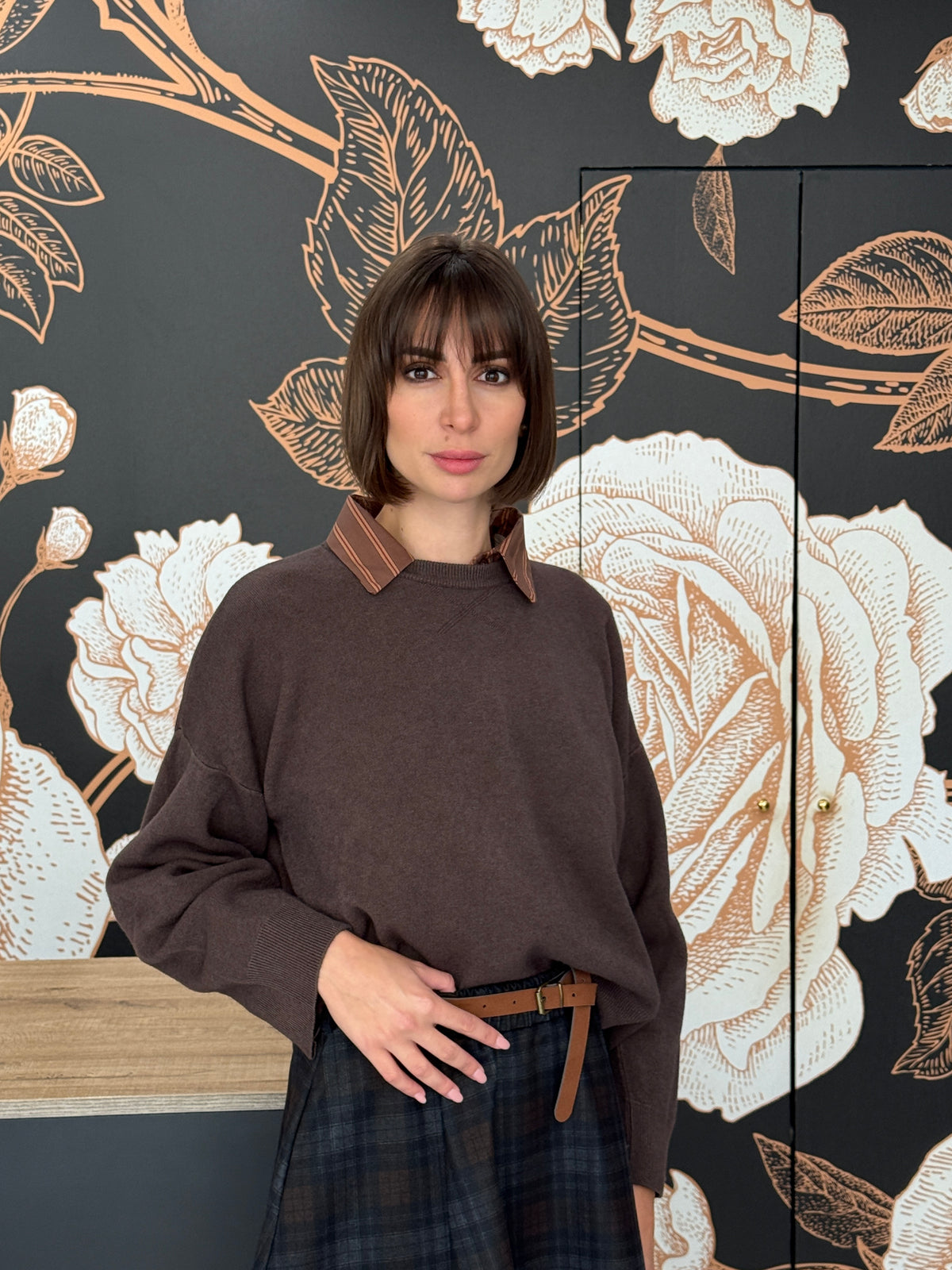Maglia girocollo dalla linea boxy marrone - HAVEONE