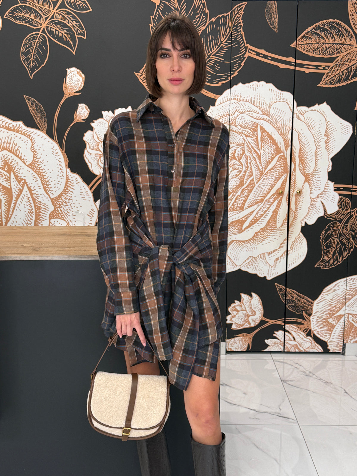Abito camicia fantasia check  con maniche finte - HAVEONE