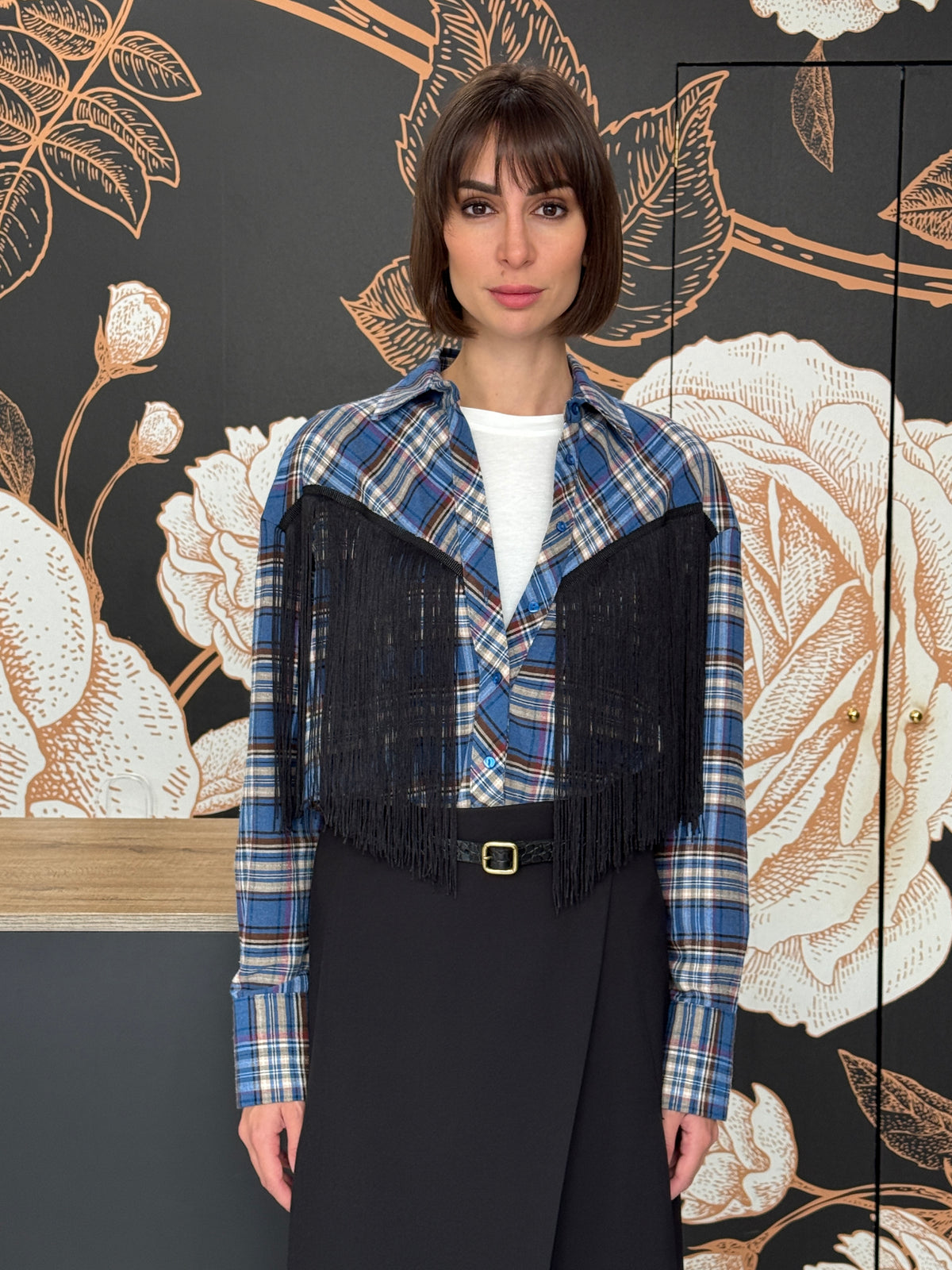 Camicia check con frange bluette/moro- HAVEONE
