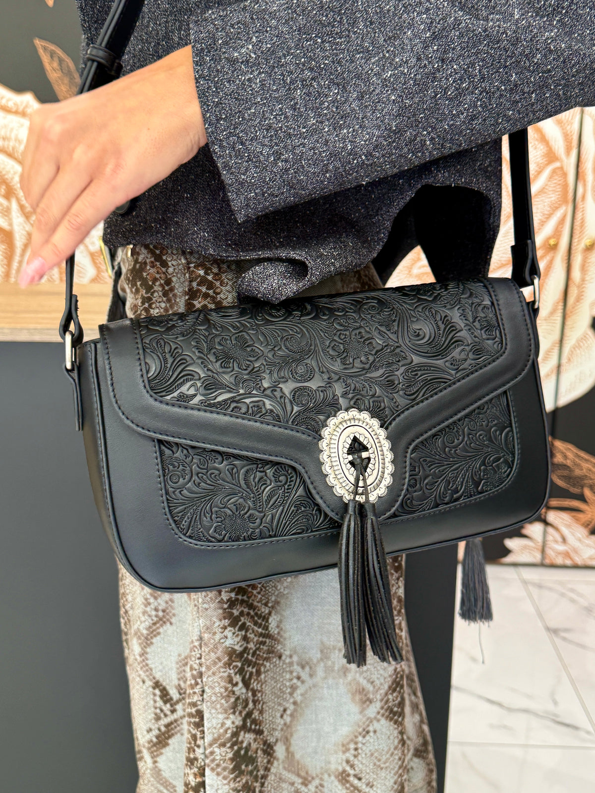Borsa nomad impressa Country nero - Vicolo