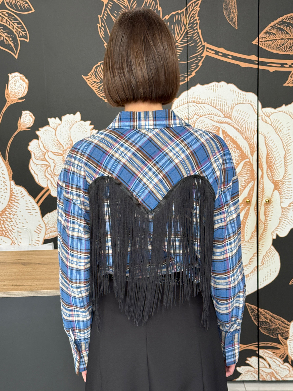 Camicia check con frange bluette/moro- HAVEONE