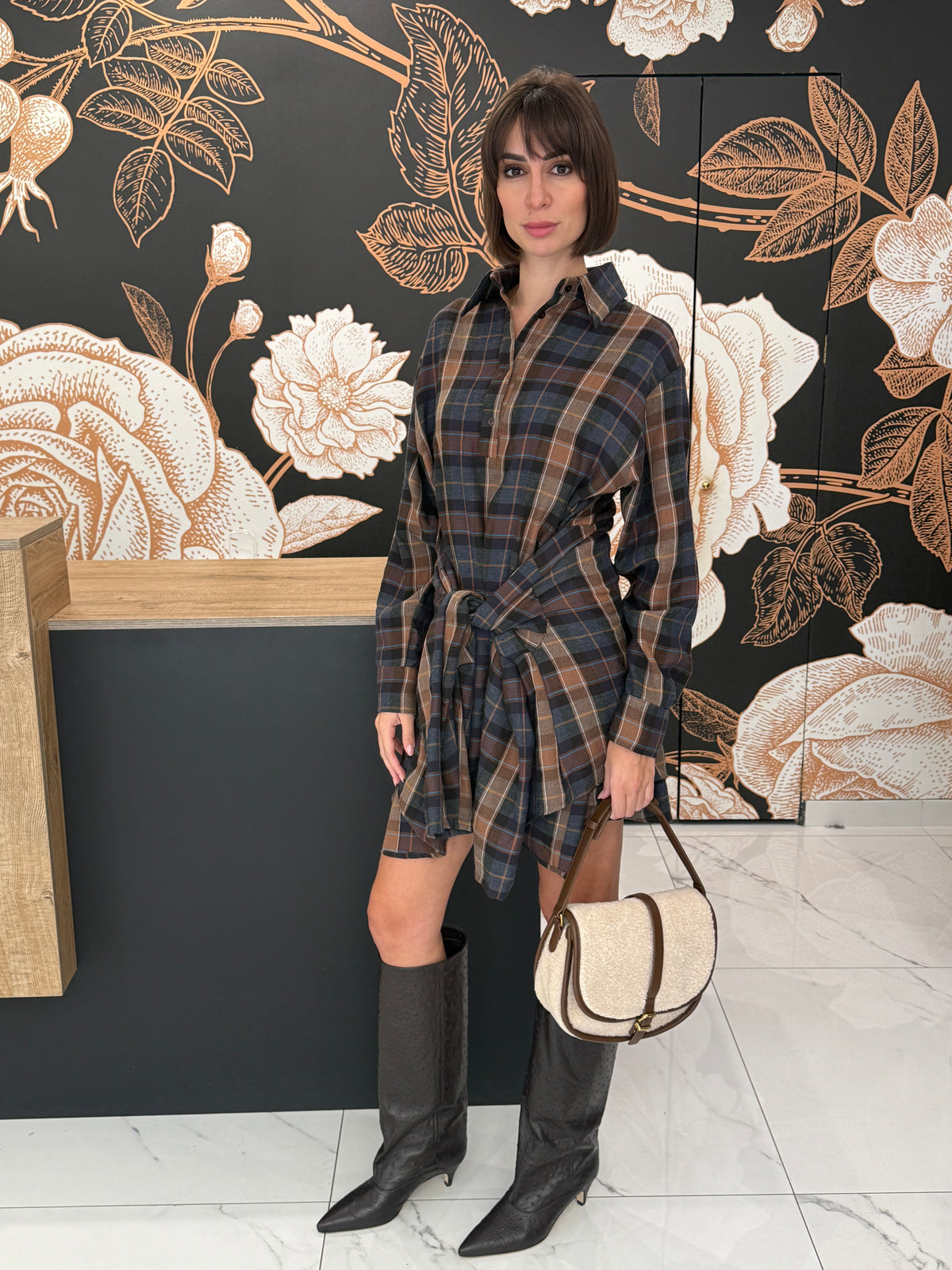 Abito camicia fantasia check  con maniche finte - HAVEONE