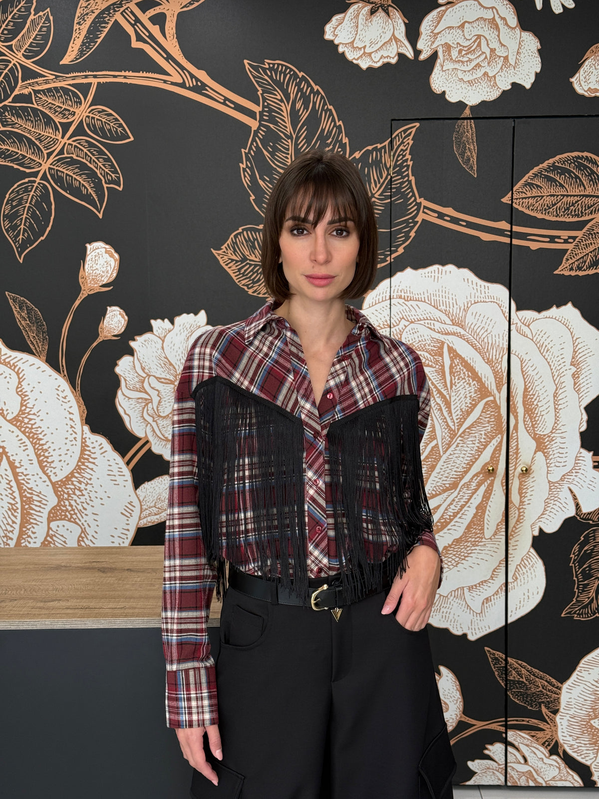 Camicia check con frange moro bordeaux/azzurro - HAVEONE