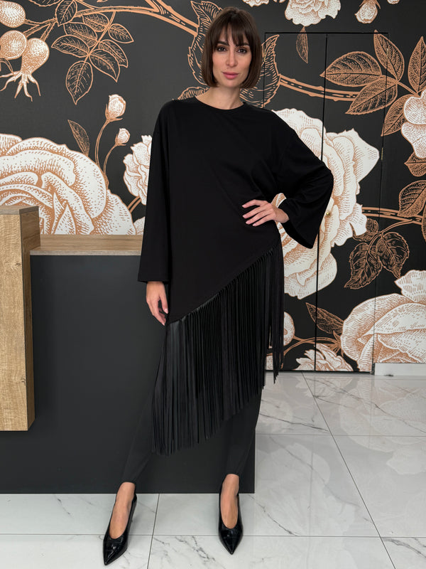 T-shirt con frange applicate in ecopelle nero - Haveone