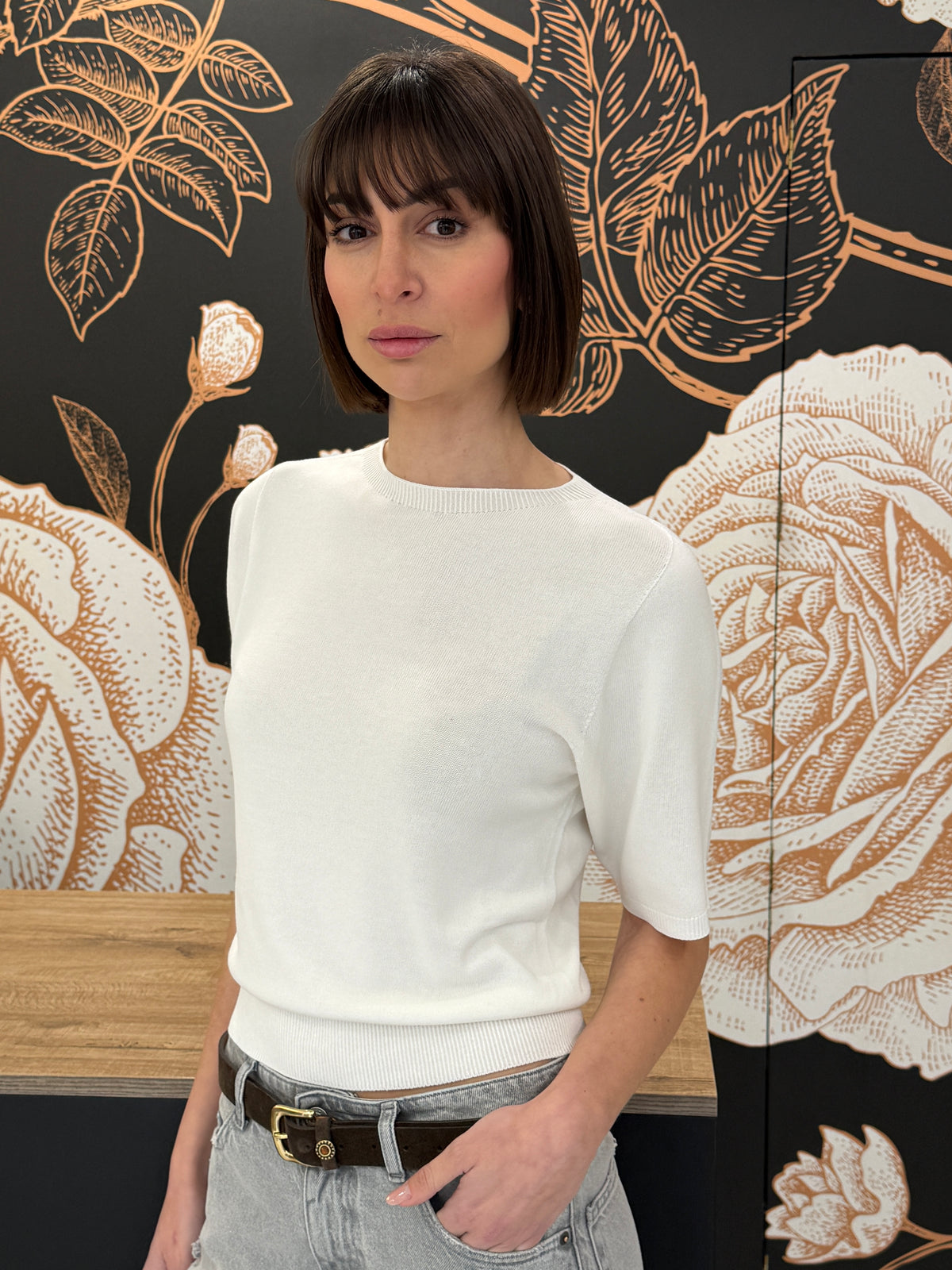 Maglia girocollo manica al gomito bianco latte - kontatto