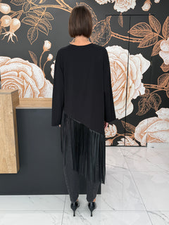 T-shirt con frange applicate in ecopelle nero - Haveone