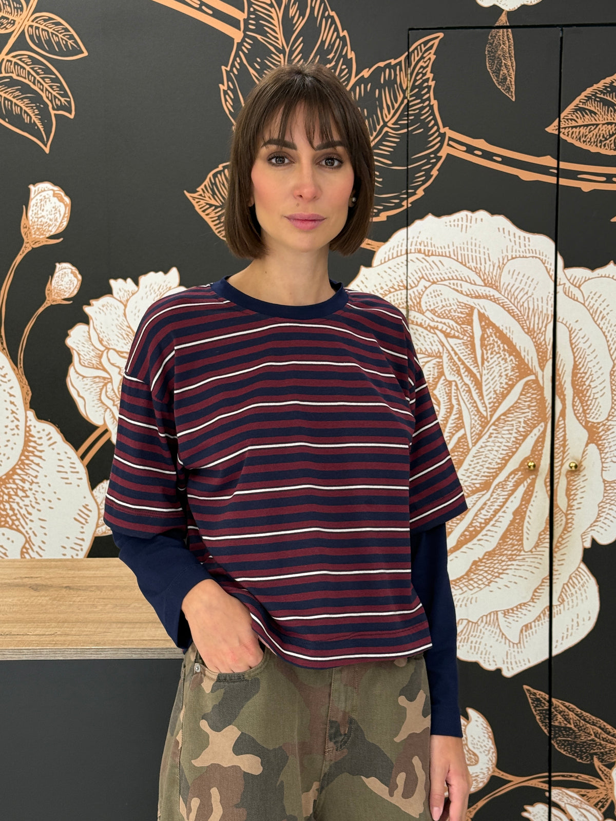 T-shirt rigata maniche a contrasto blu/bordeaux/panna - HaveOne