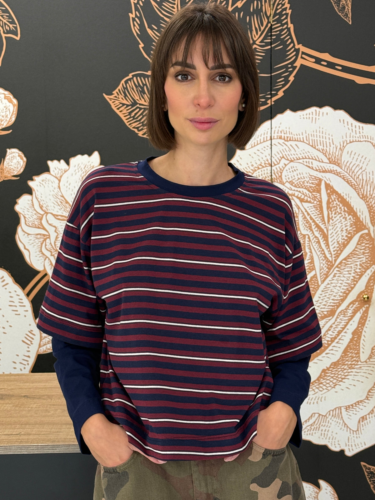 T-shirt rigata maniche a contrasto blu/bordeaux/panna - HaveOne