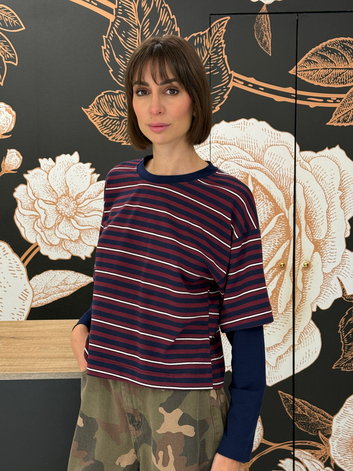 T-shirt rigata maniche a contrasto blu/bordeaux/panna - HaveOne