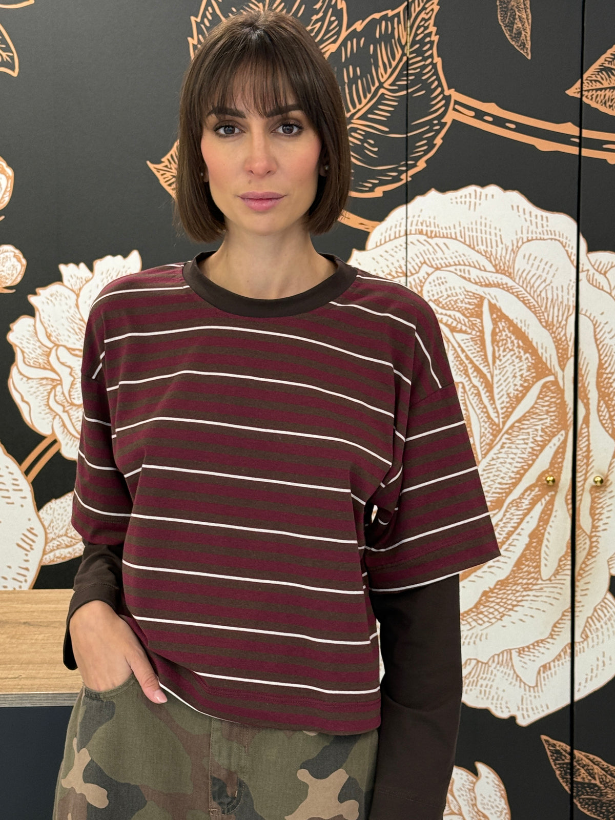 T-shirt rigata maniche a contrasto moro/bordeaux/panna - HaveOne