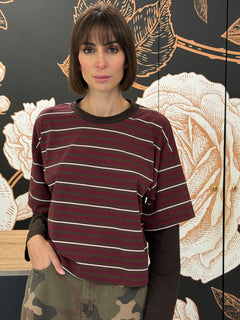 T-shirt rigata maniche a contrasto moro/bordeaux/panna - HaveOne