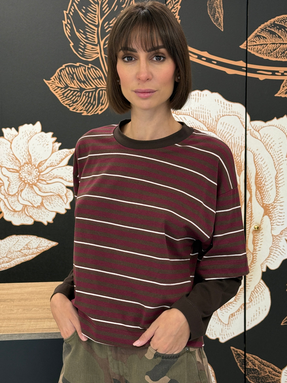 T-shirt rigata maniche a contrasto moro/bordeaux/panna - HaveOne
