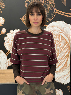 T-shirt rigata maniche a contrasto moro/bordeaux/panna - HaveOne