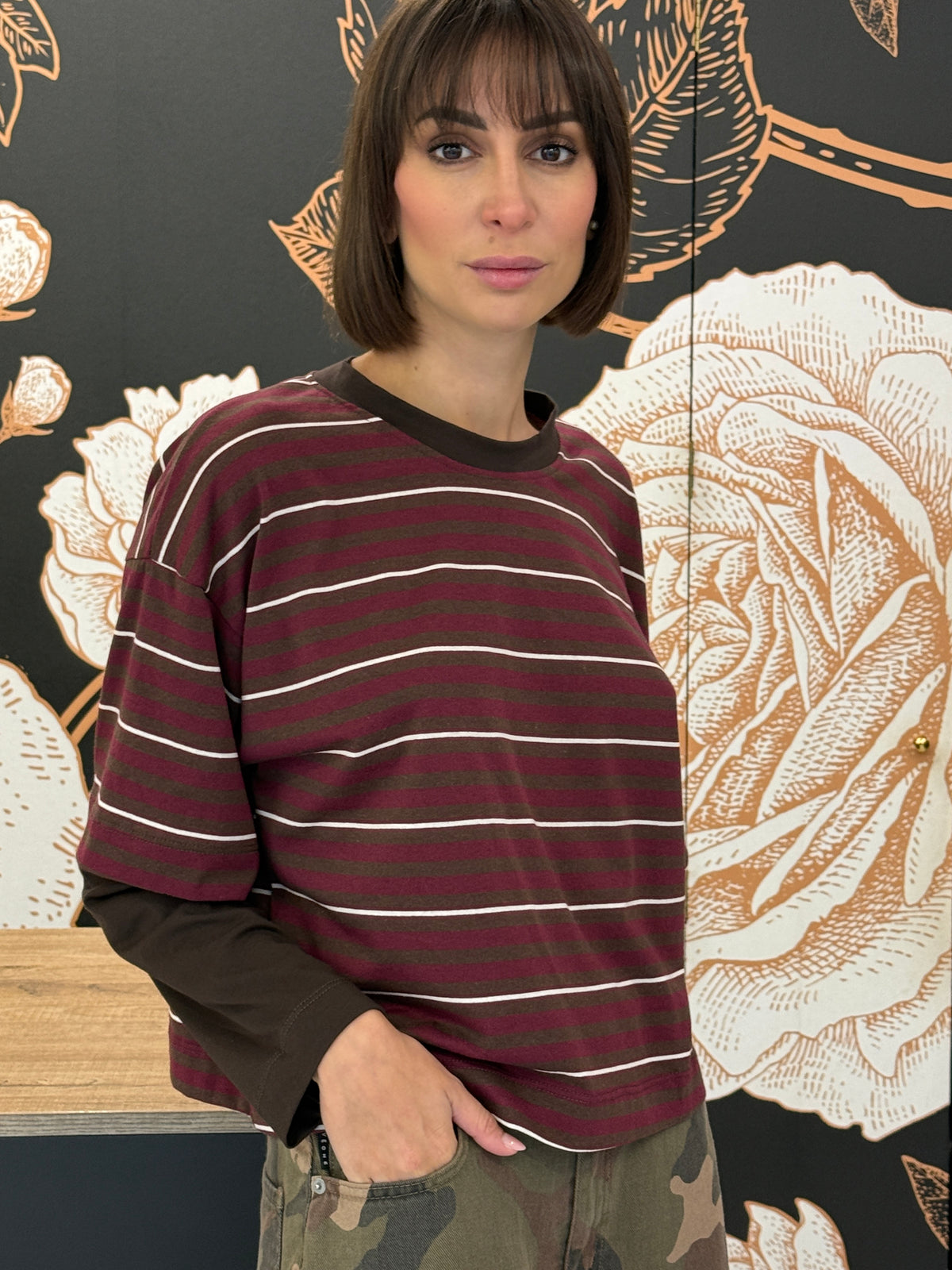 T-shirt rigata maniche a contrasto moro/bordeaux/panna - HaveOne