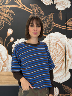 T-shirt rigata maniche a contrasto moro/royal/panna - HaveOne