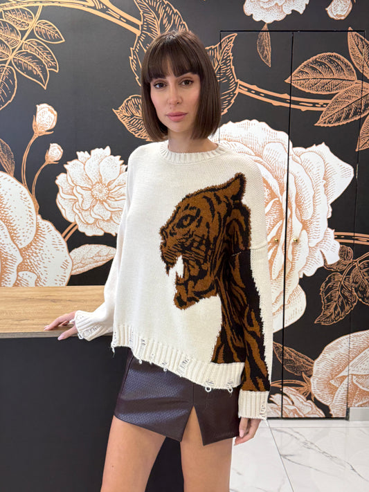 Maglia girocollo Tigre panna - HaveOne