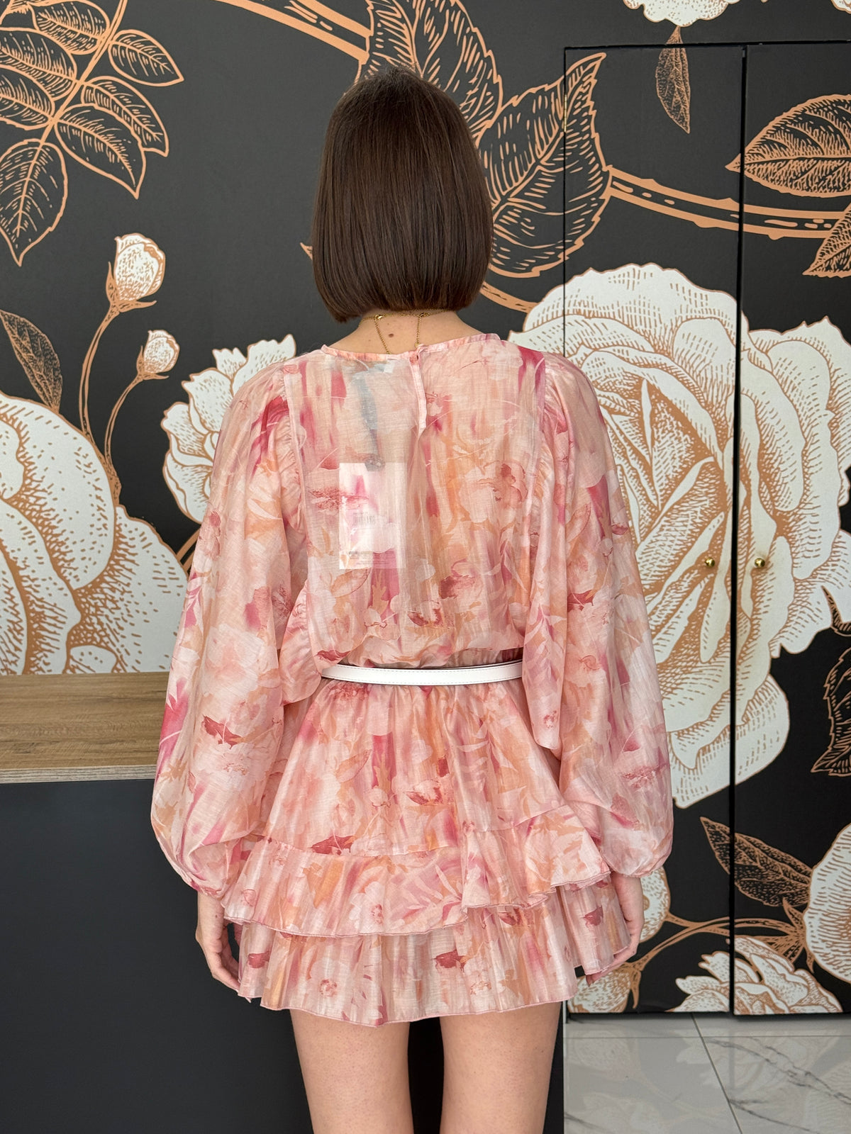 Abito corto a balze con stampa floreale rosa/pesca - Haveone