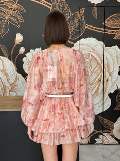 Abito corto a balze con stampa floreale rosa/pesca - Haveone