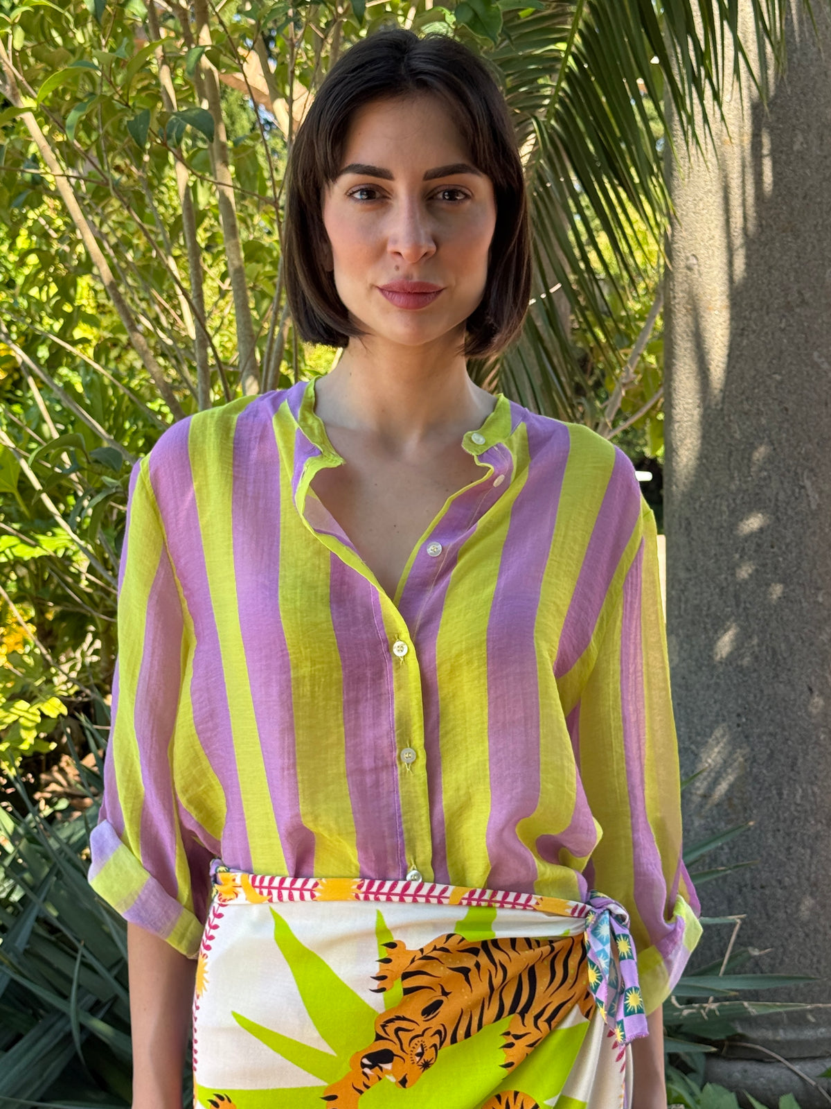 Camicia riga lime/glicine manica corta - Haveone