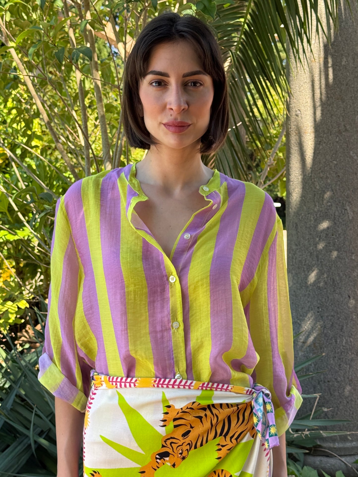 Camicia riga lime/glicine manica corta - Haveone
