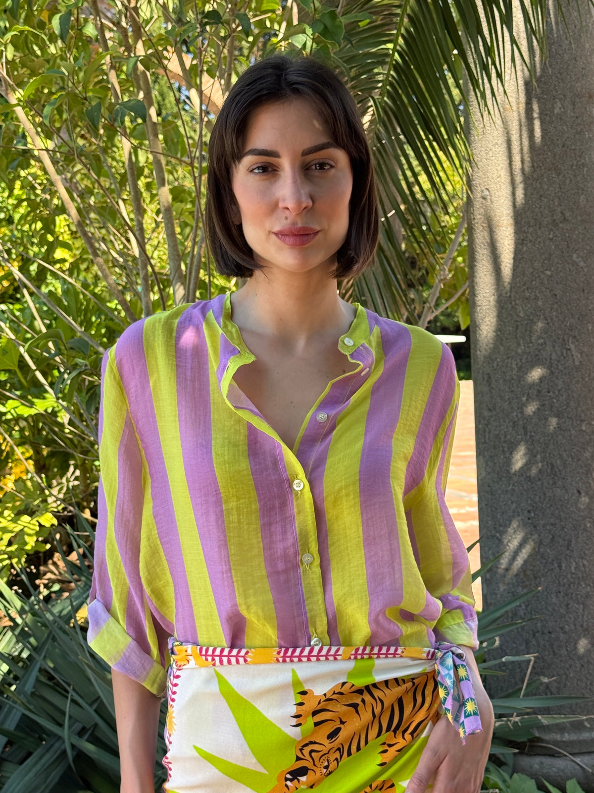 Camicia riga lime/glicine manica corta - Haveone