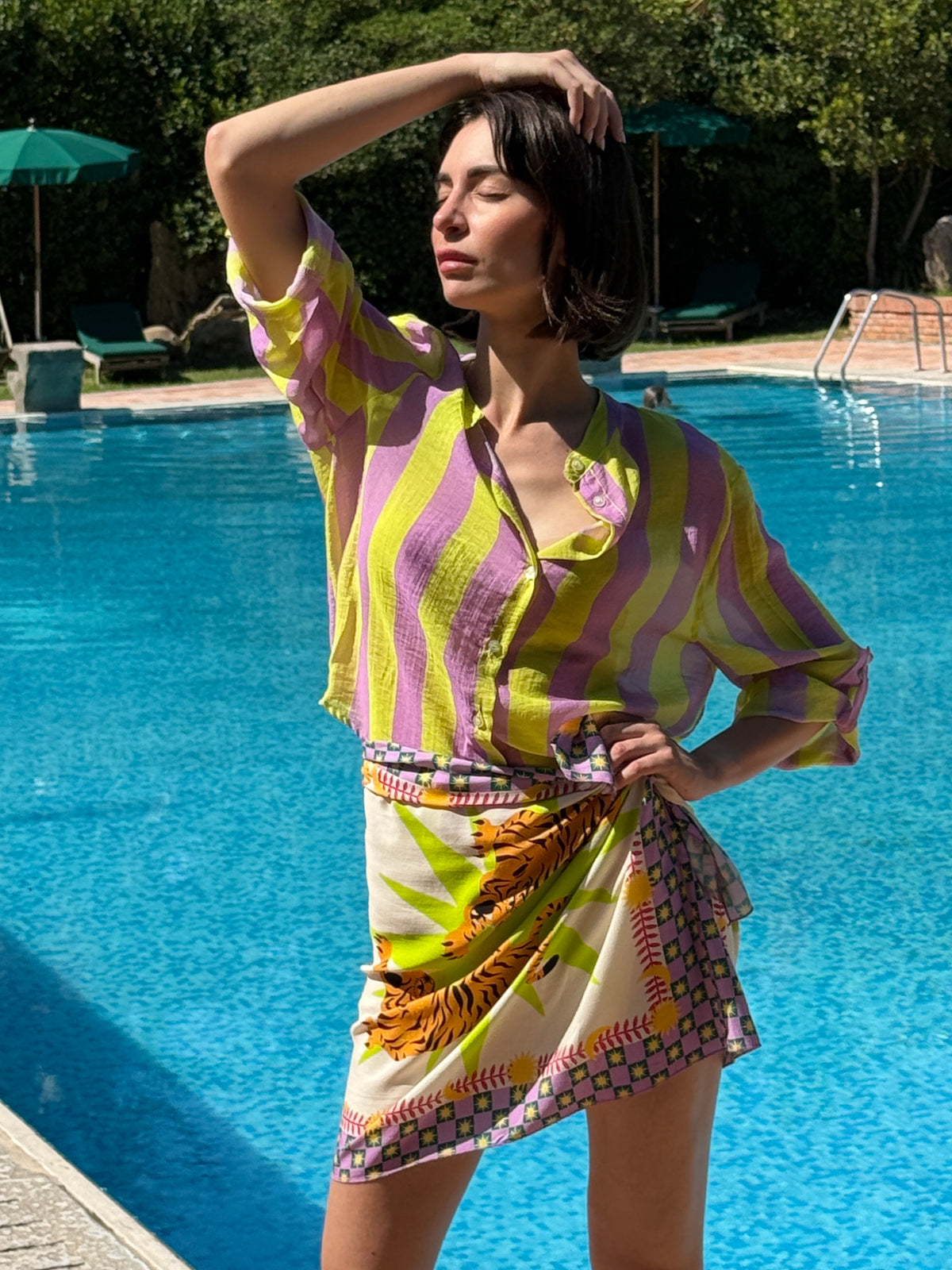 Camicia riga lime/glicine manica corta - Haveone