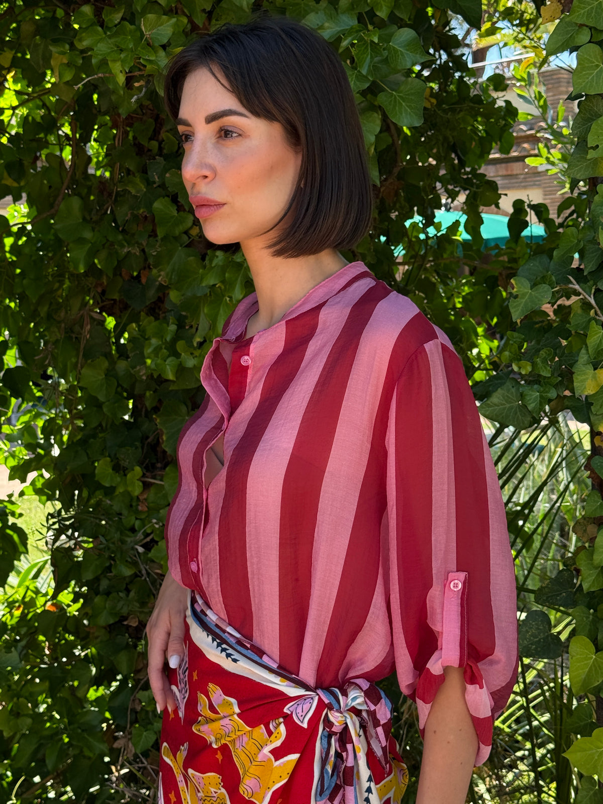 Camicia riga rosa/rosso manica corta - Haveone