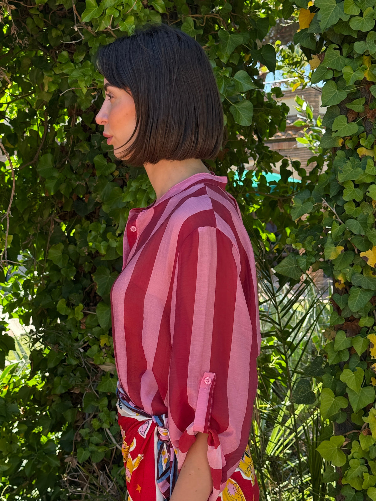 Camicia riga rosa/rosso manica corta - Haveone
