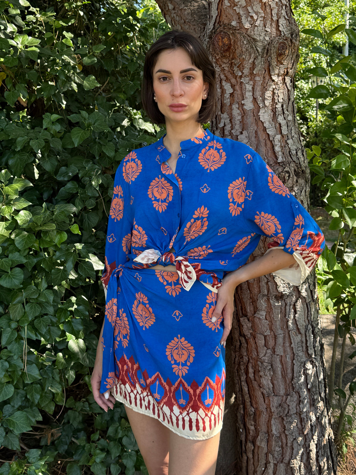 Camicia coreana blu fantasia arancione - Haveone