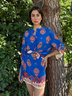 Camicia coreana blu fantasia arancione - Haveone
