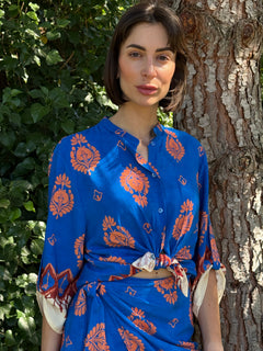 Camicia coreana blu fantasia arancione - Haveone