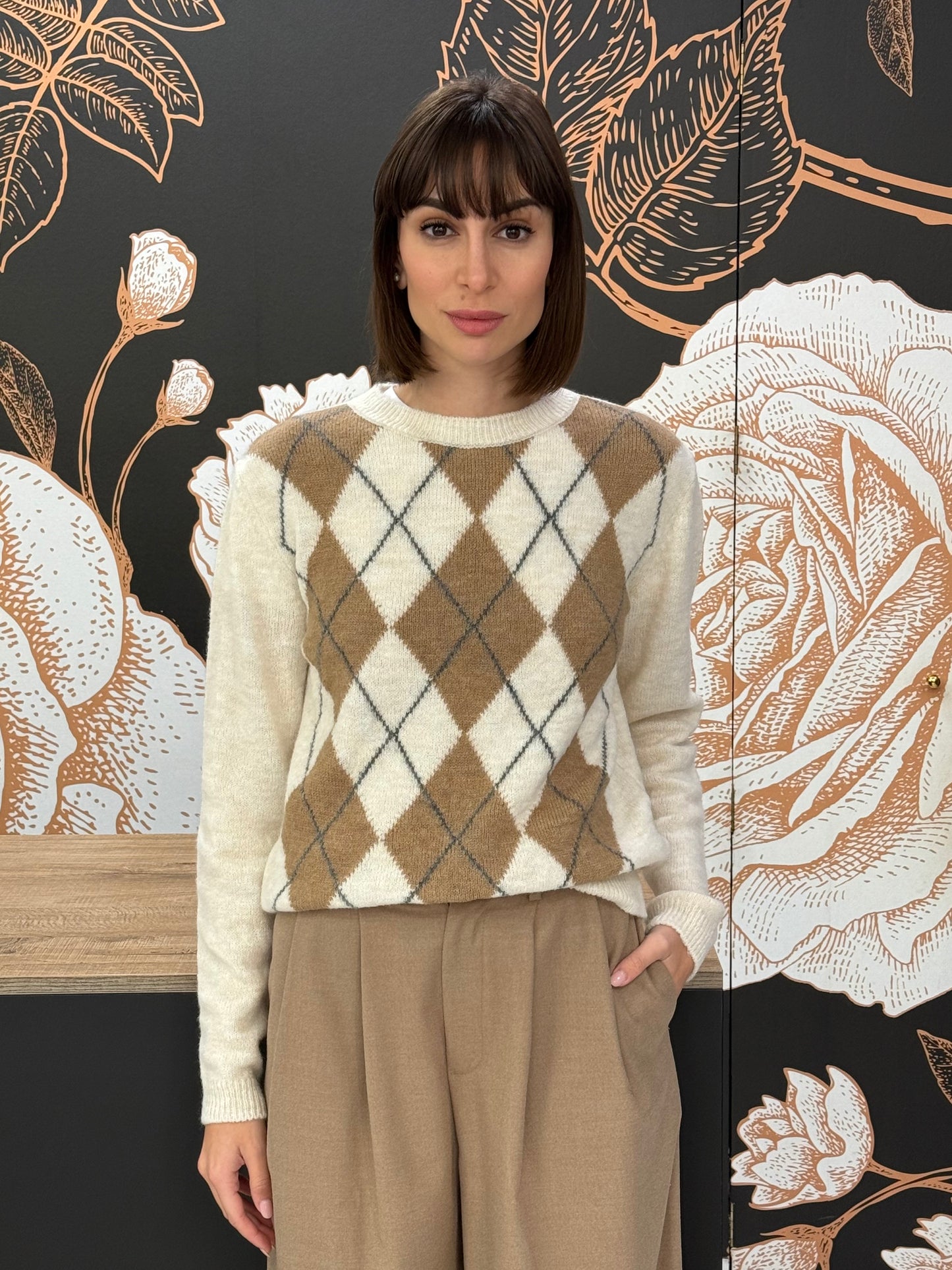 Maglia girocollo rombi panna - HaveOne