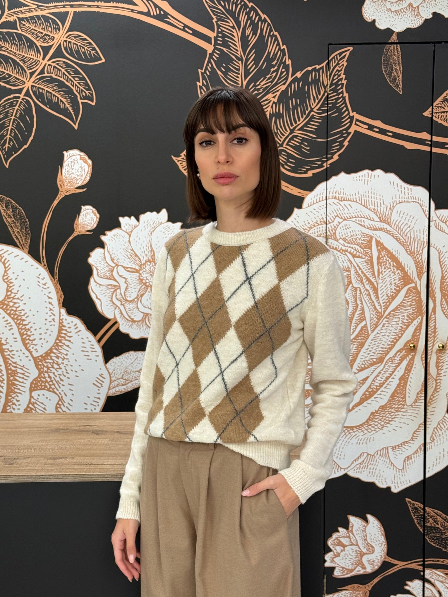 Maglia girocollo rombi panna - HaveOne