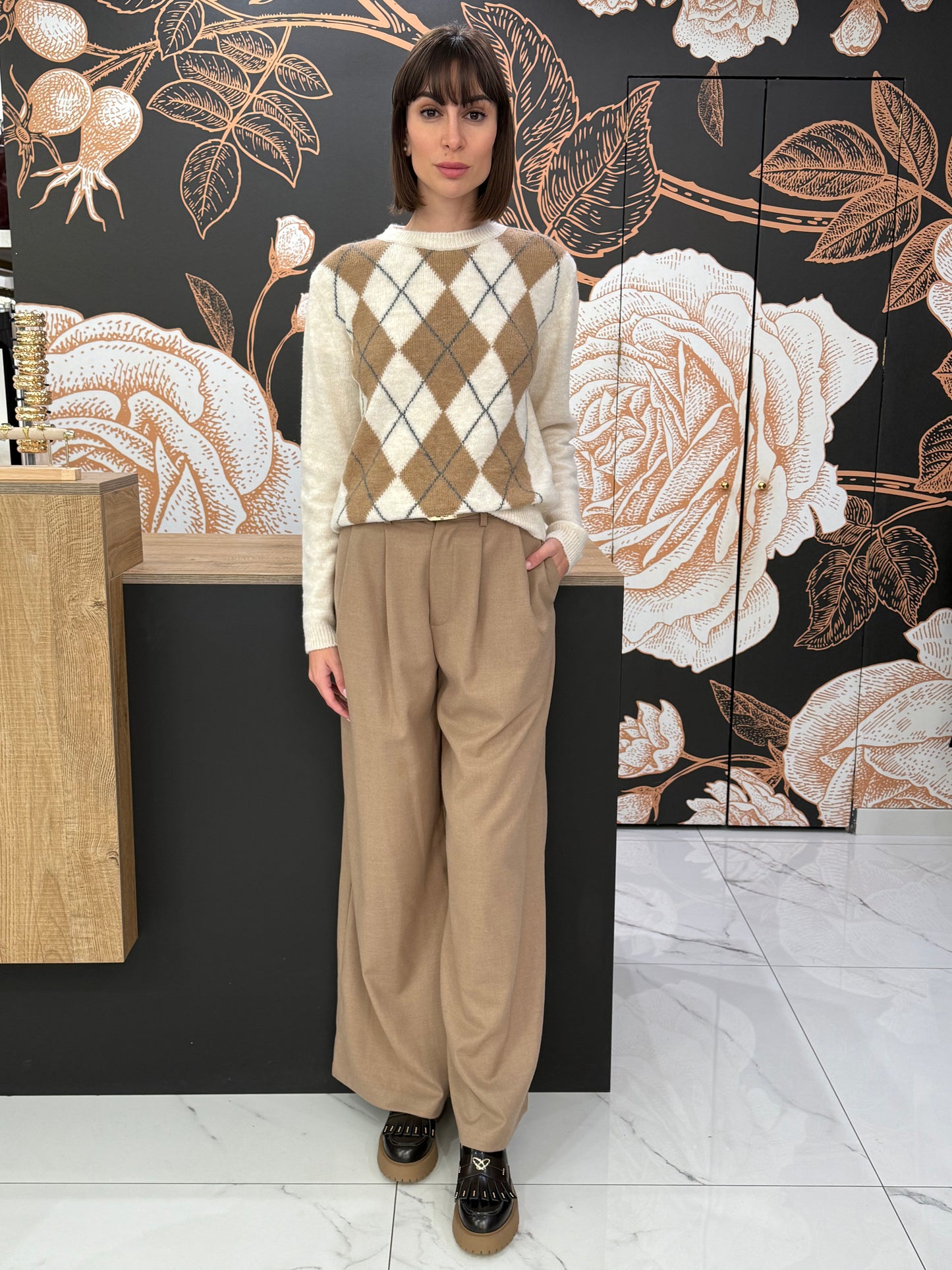 Maglia girocollo rombi panna - HaveOne